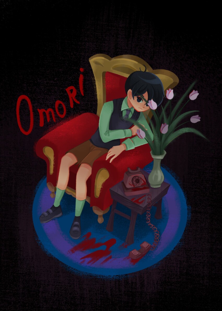 1boy ahoge alternate_costume alternate_sleeve_length antique_phone black_background black_eyes black_footwear black_hair black_necktie black_sweater_vest blood blood_stain brown_shorts chair closed_mouth collared_shirt copyright_name flower green_shirt green_socks hicc_12 highres long_sleeves looking_at_viewer male_focus necktie omori phone pink_flower pink_rose rose rotary_phone shirt short_hair shorts sitting socks solo sunny_(omori) sweater_vest tulip vase white_shirt white_socks