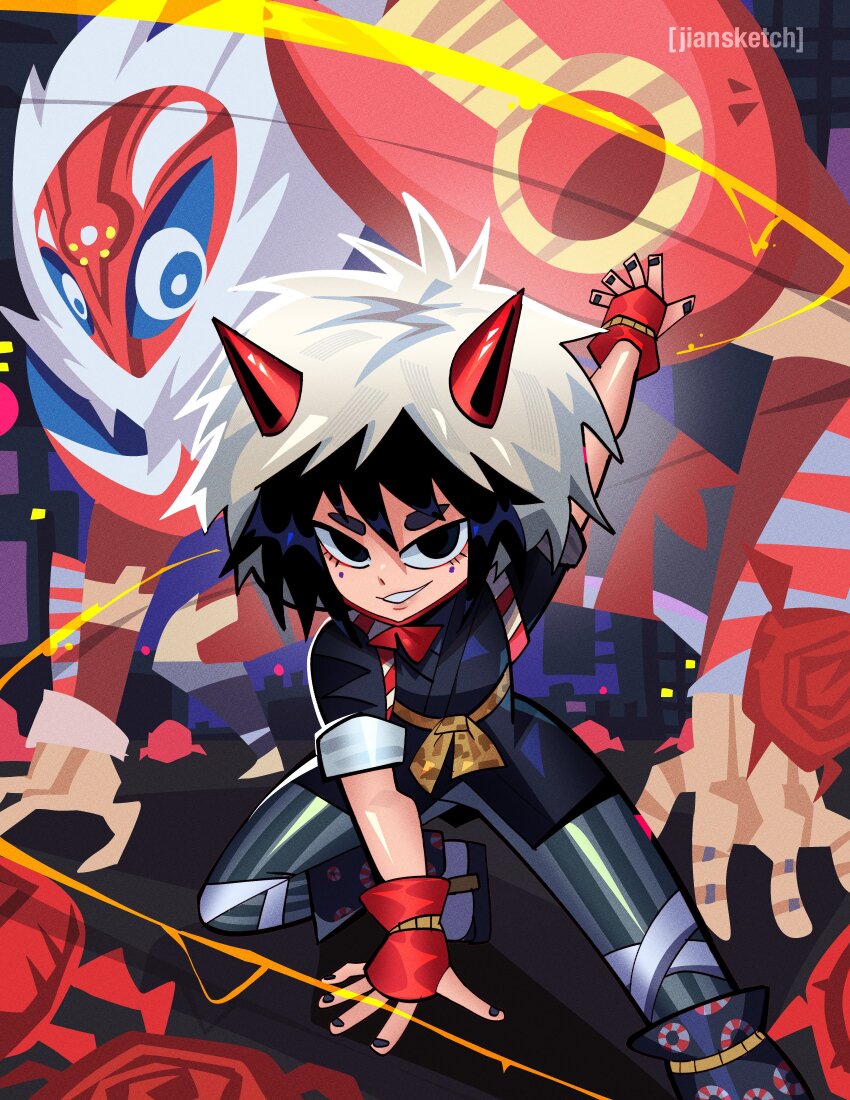 1girl absurdres black_hair highres horns japanese_clothes jiansketch looking_at_viewer marvel open_mouth peni_parker short_hair smile solo sp//dr spider-man:_into_the_spider-verse spider-man_(series) spider-verse superhero_costume