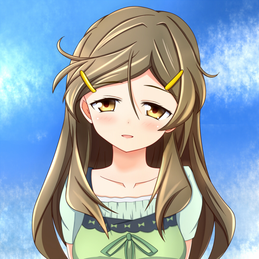 1girl aneten brown_eyes brown_hair female_focus hair_ornament hairclip long_hair shinomiya_himawari solo vividred_operation