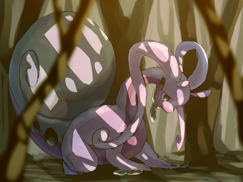 animal_focus antennae creatures_(company) full_body fusenryo game_freak green_eyes hisuian_goodra looking_to_the_side nintendo no_humans outdoors pokemon pokemon_(creature) shell slime_(substance) solo squatting
