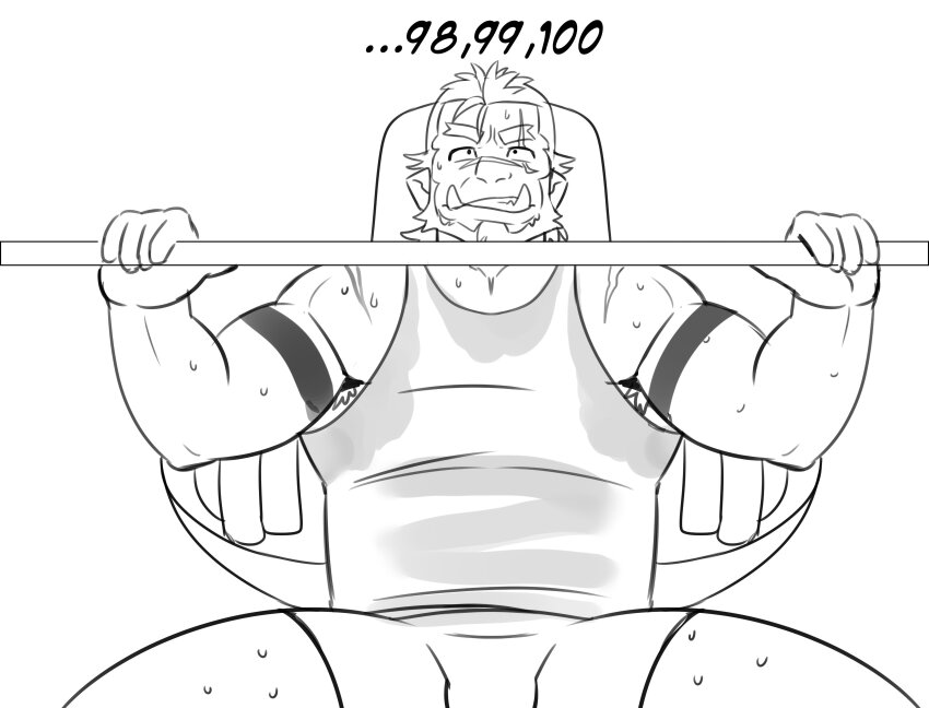 1boy absurdres armpit_hair armpit_hair_peek bara barbell beard bench_press bulge counting exercising forked_eyebrows from_above full_beard greyscale highres large_pectorals lying male_focus mature_male monochrome monster_boy muscular muscular_male on_back onlytusks orc original pectorals pointy_ears sanpaku scar scar_on_face scar_on_nose short_hair shorts sidepec solo spread_legs sweat sweaty_clothes tank_top thick_beard thick_eyebrows thick_thighs thighs tusks very_sweaty weightlifting zorg_(onlytusks)