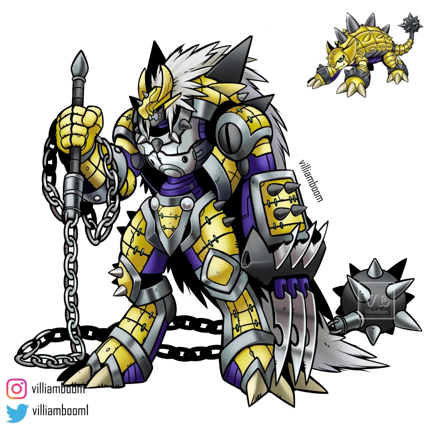 absurdres ankylomon armor chain digimon digimon_(creature) highres mace oridigi original solo spiked_mace spikes tail weapon
