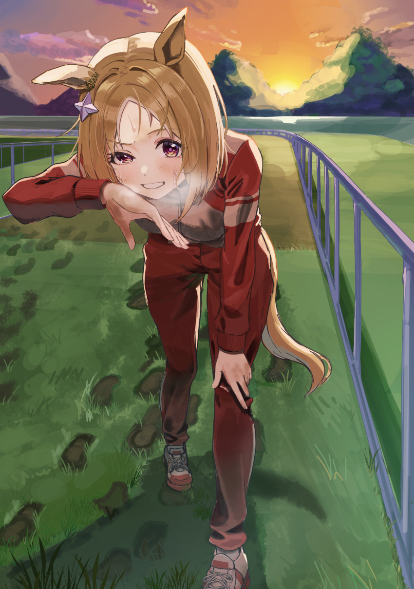 1girl absurdres animal_ears bent_over blush breath commentary_request ear_ornament grin hair_ornament harue_narika highres horse_ears horse_girl horse_racing_track horse_tail jacket looking_at_viewer narita_top_road_(umamusume) outdoors pants purple_eyes red_jacket red_pants red_track_suit shoe_print short_hair smile solo standing star_(symbol) star_hair_ornament sunset tail teeth tracen_training_uniform track_jacket track_pants track_suit umamusume