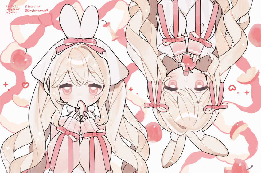 2girls animal_ear_fluff animal_ears apple blonde_hair blush bow commentary eating food fruit hair_bow hat highres holding holding_food holding_fruit long_hair long_sleeves looking_at_viewer multiple_girls original pink_shirt rabbit_ears rabbit_girl red_bow red_eyes shirt sleeve_bow symbol-only_commentary tokareta_tamago upper_body white_background white_hat white_shirt