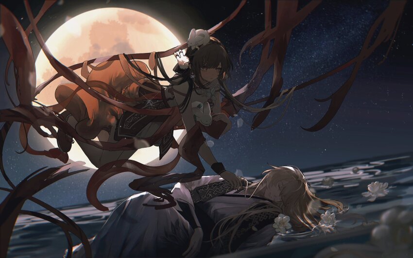 1boy 1girl animal blonde_hair blunt_bangs brown_hair china_dress chinese_clothes dress flower full_moon hair_between_eyes hair_flower hair_ornament hair_over_one_eye hi_to_sama highres honkai:_star_rail honkai_(series) li_sushang lotus luocha_(honkai:_star_rail) lying lying_on_water moon night night_sky rabbit sky sleeping star_(sky) starry_sky water white_lotus