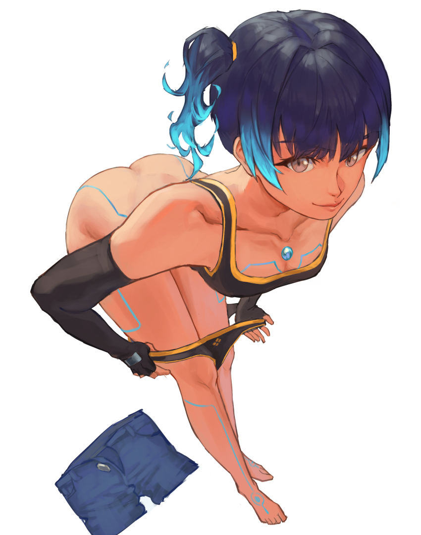 1girl absurdres ass blue_hair breasts brown_eyes butt_crack dark-skinned_female dark_skin highres leaning_forward looking_at_viewer nintendo ponaponyo sena_(xenoblade) short_hair small_breasts undressing xenoblade_chronicles_(series) xenoblade_chronicles_3