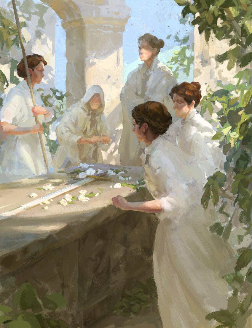 5girls arch blue_sky brown_hair coffin collared_dress commentary daisy_(flower) day dress english_commentary faceless faceless_female flower full_body funeral hair_bun high_collar highres holding holding_oar hood hood_up hooded_robe leaf long_dress long_sleeves multiple_girls nape_braid oar oliver_ryan original outdoors own_hands_together robe short_hair single_hair_bun sky three-quarter_sleeves updo white_dress white_flower white_robe
