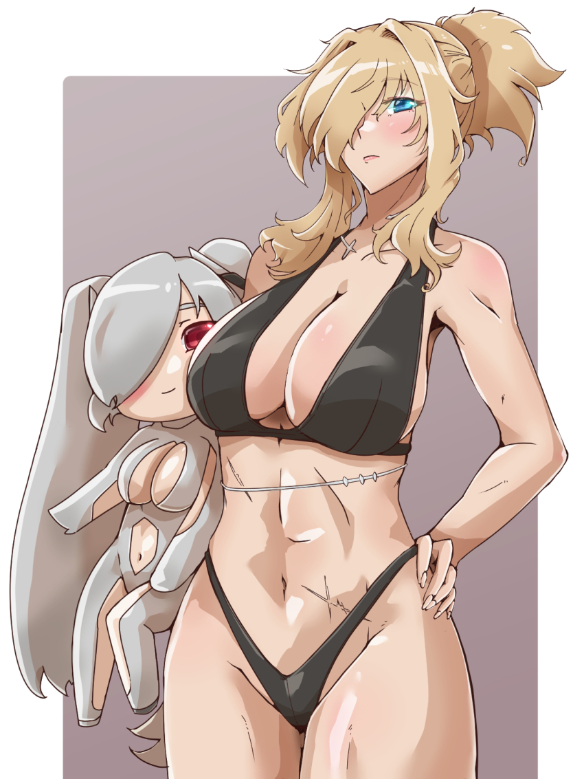 1girl alternate_costume bikini black_bikini blue_eyes character_doll cinderella_(nikke) doll goddess_of_victory:_nikke grave_(nikke) highres holding holding_doll margherita832 multiple_scars navel scar scar_on_arm scar_on_stomach solo swimsuit