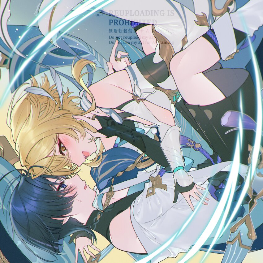 1boy 1girl absurdres amano_hotaru_(hotaama) arm_cutout belt black_belt black_bodysuit black_bow black_bridal_gauntlets black_corset black_gloves black_hair black_leggings black_shorts blonde_hair blue_cape blue_gemstone blue_hat blue_sleeves blue_trim blunt_ends blush bodysuit bow breasts bridal_gauntlets cape catching cleavage corset detached_sleeves dress eye_contact eyelashes eyeliner eyeshadow falling feather_hair_ornament feathers fingernails forehead-to-forehead furisode gem genshin_impact gloves gold gold_ring gold_trim hair_ornament hakama hakama_shorts hat heads_together hetero highres japanese_clothes jingasa kimono layered_sleeves leg_warmers leggings lipgloss looking_at_another lumine_(genshin_impact) makeup mandarin_collar medium_breasts middle_ring off_shoulder open_clothes open_hand open_kimono open_mouth partially_fingerless_gloves pink_lips pleated_shorts purple_eyes purple_rope red_eyeliner red_eyeshadow rope scaramouche_(genshin_impact) scarf short_hair short_hair_with_long_locks short_sleeves shorts sideboob sidelocks sideways_mouth sweatdrop tassel teeth tongue tsurime twitter_username upper_teeth_only vambraces vision_(genshin_impact) wanderer_(genshin_impact) watermark white_dress white_feathers white_kimono white_leg_warmers white_scarf white_sleeves wind yellow_eyes