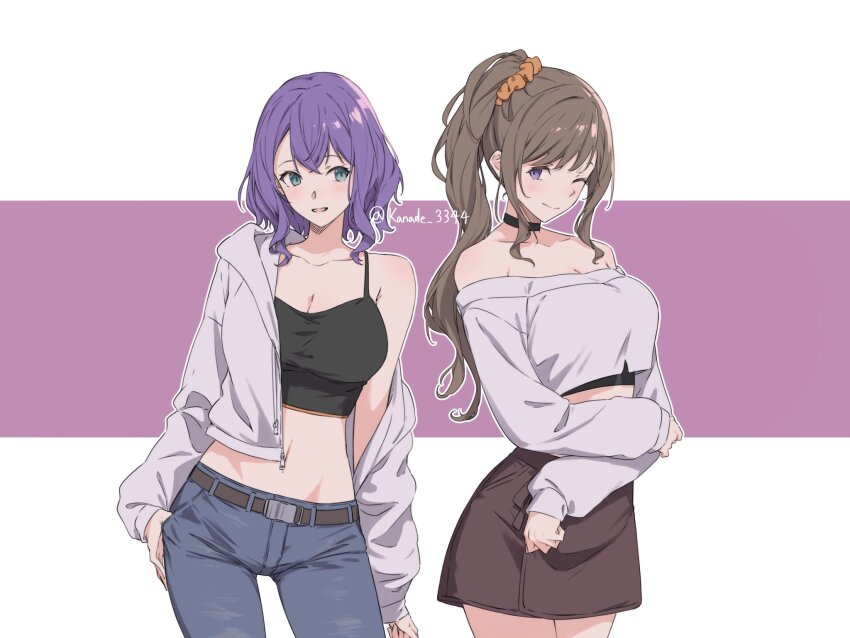2girls belt black_belt black_camisole black_choker blue_eyes blue_pants blush breasts brown_hair brown_scrunchie brown_skirt camisole choker cleavage closed_mouth collarbone commentary crop_top d4dj hair_ornament hair_scrunchie hidaka_saori highres hood hood_down hooded_jacket jacket kanade_(kanade_3344) large_breasts long_hair long_sleeves medium_hair midriff mizushima_marika multiple_girls navel off-shoulder_sweater off_shoulder one_eye_closed open_clothes open_jacket open_mouth pants purple_hair scrunchie sidelocks single_off_shoulder skirt spaghetti_strap sweater thumb_in_pocket zipper_pull_tab