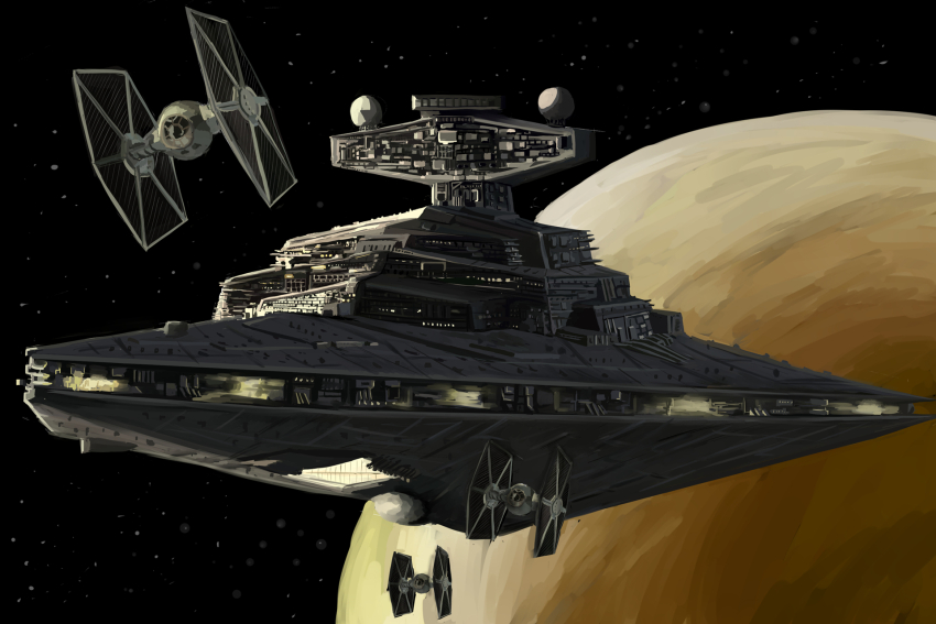 galactic_empire_(star_wars) highres no_humans planet space spacecraft star_destroyer star_wars tachanka_(tachankaa) tie_fighter vehicle_focus