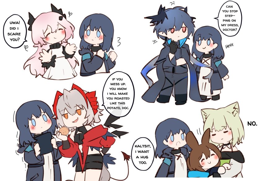 1boy 5girls amiya_(arknights) anger_vein animal_ears arknights arya_melati blush cat_ears cat_girl closed_eyes commentary demon_girl demon_horns demon_tail doctor_(arknights) english_commentary english_text feathered_wings female_doctor_(arknights) head_wings highres horns hug kal&#039;tsit_(arknights) logos_(arknights) long_hair medium_hair multiple_girls rabbit_ears rabbit_girl short_hair smile speech_bubble tail theresa_(arknights) w_(arknights) wings wis&#039;adel_(arknights)