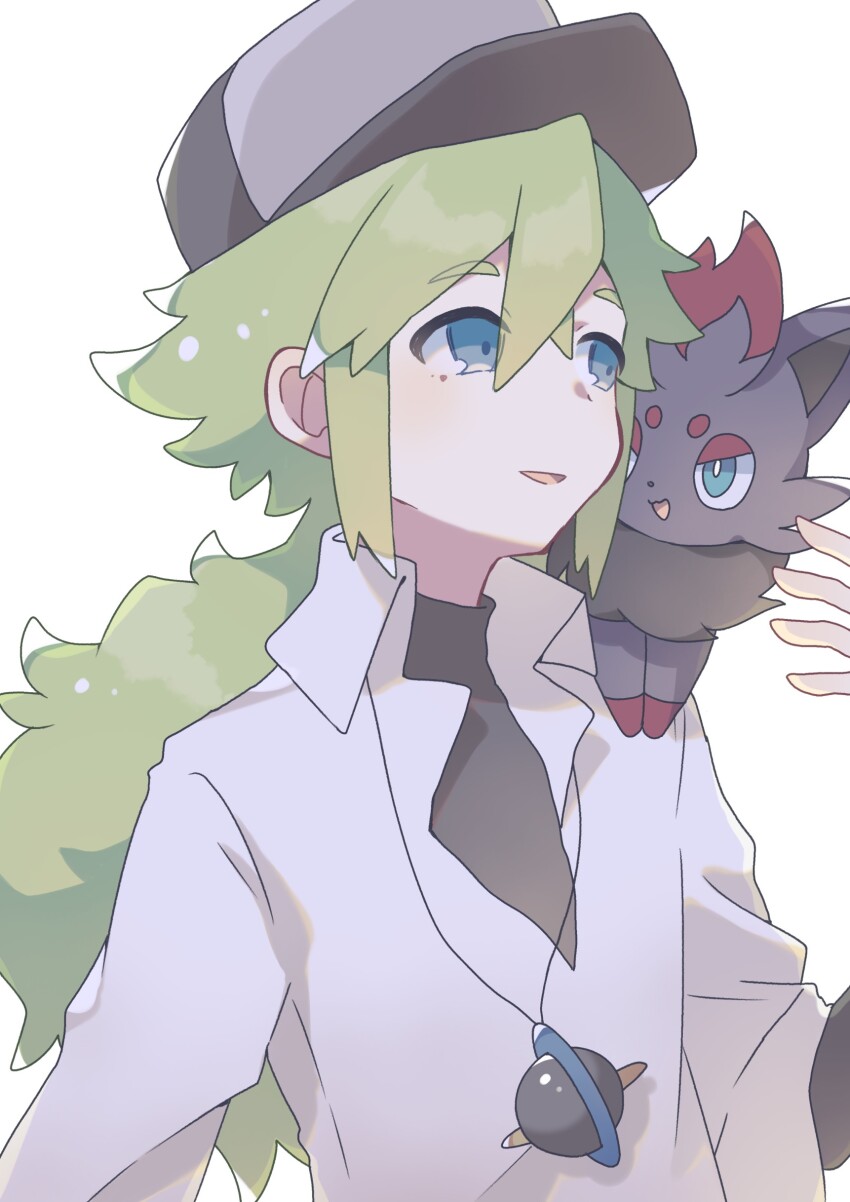1boy absurdres baseball_cap black_headwear blue_eyes gen_5_pokemon green_hair hat highres komano_shia lanyard long_sleeves male_focus n_(pokemon) nintendo pokemon pokemon_bw simple_background undershirt upper_body white_background zorua
