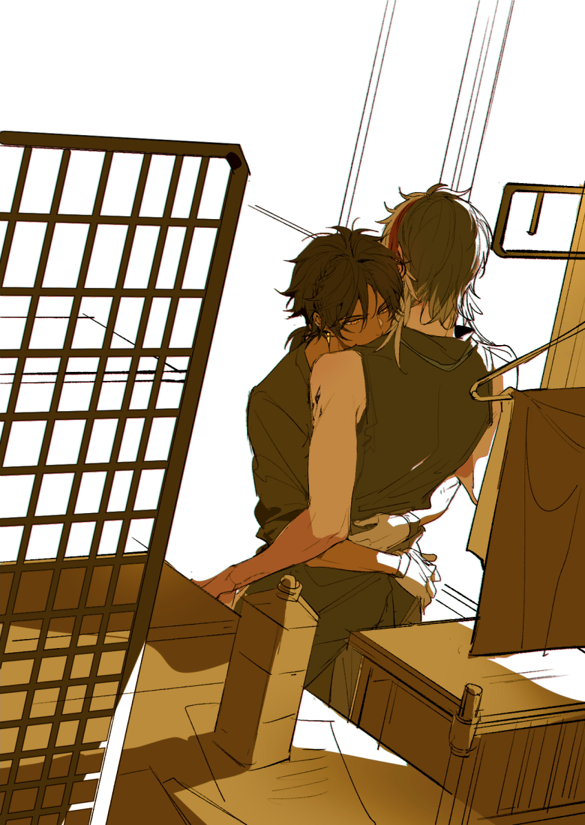2boys arknights bare_arms black_jacket black_shirt bottle braid chinese_commentary commentary_request dark-skinned_male dark_skin elysium_(arknights) gloves grey_hair highres hug indoors jacket limited_palette male_focus material_growth multicolored_hair multiple_boys oripathy_lesion_(arknights) red_hair shirt short_hair side_braid sleeveless sleeveless_shirt sleeves_rolled_up streaked_hair thorns_(arknights) white_background white_gloves white_hair xiandao1213 yaoi