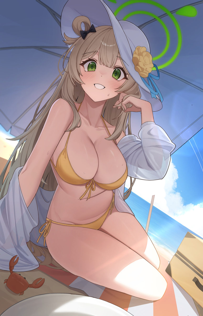 1girl absurdres bare_shoulders beach beach_mat beach_umbrella bikini blue_archive blue_sky blush breasts brown_hair cleavage commentary_request crab green_halo halo hat highres large_breasts long_hair looking_at_viewer nonomi_(blue_archive) nonomi_(swimsuit)_(blue_archive) ocean official_alternate_costume open_mouth outdoors pang-yo sand side-tie_bikini_bottom sky smile solo stomach sun_hat swimsuit thighs umbrella yellow_bikini