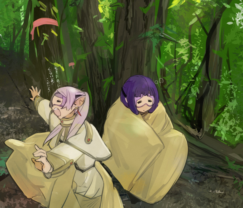 2girls blanket blunt_bangs closed_eyes earrings elf fern_(sousou_no_frieren) forest frieren grass higemu highres jewelry long_hair long_sleeves multiple_girls nature open_mouth outdoors pointy_ears purple_hair sleeping sousou_no_frieren translation_request twintails white_hair