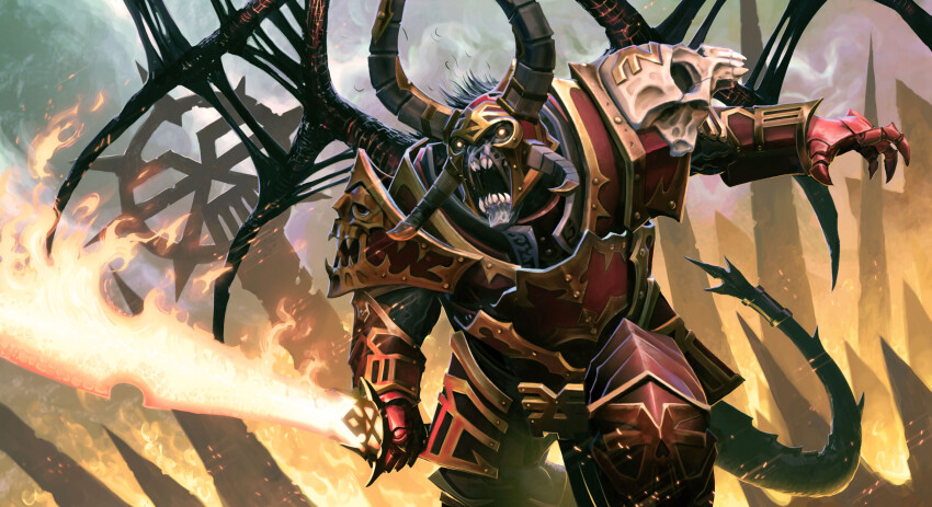 1other absurdres armor chaos_(warhammer) demon demon_horns demon_tail demon_wings doom_(dota) dota_(series) dota_2 fire flaming_sword flaming_weapon gauntlets highres holding holding_sword holding_weapon horns khorne nicholaskay open_mouth pauldrons sharp_teeth shoulder_armor skull_ornament solo sword tail teeth total_war total_war:_warhammer warhammer_40k warhammer_fantasy weapon wings