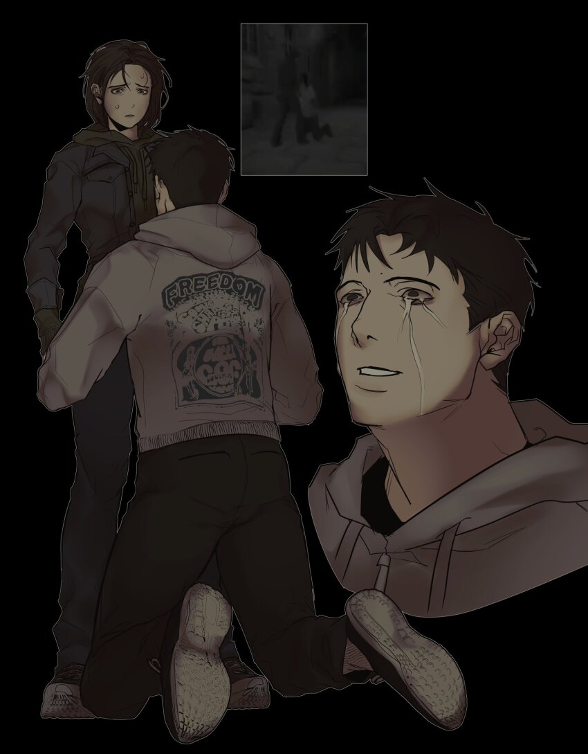 1boy 1girl bags_under_eyes black_background black_coat bloodshot_eyes brown_hair coat cry_of_fear crying crying_with_eyes_open frown game_screenshot_inset grey_hoodie highres hood hood_down hoodie ju-san kneeling looking_at_another medium_hair messy_hair multiple_views nervous_sweating open_mouth outline print_hoodie short_hair simon_henriksson sophie_(cry_of_fear) standing sweat tears white_outline
