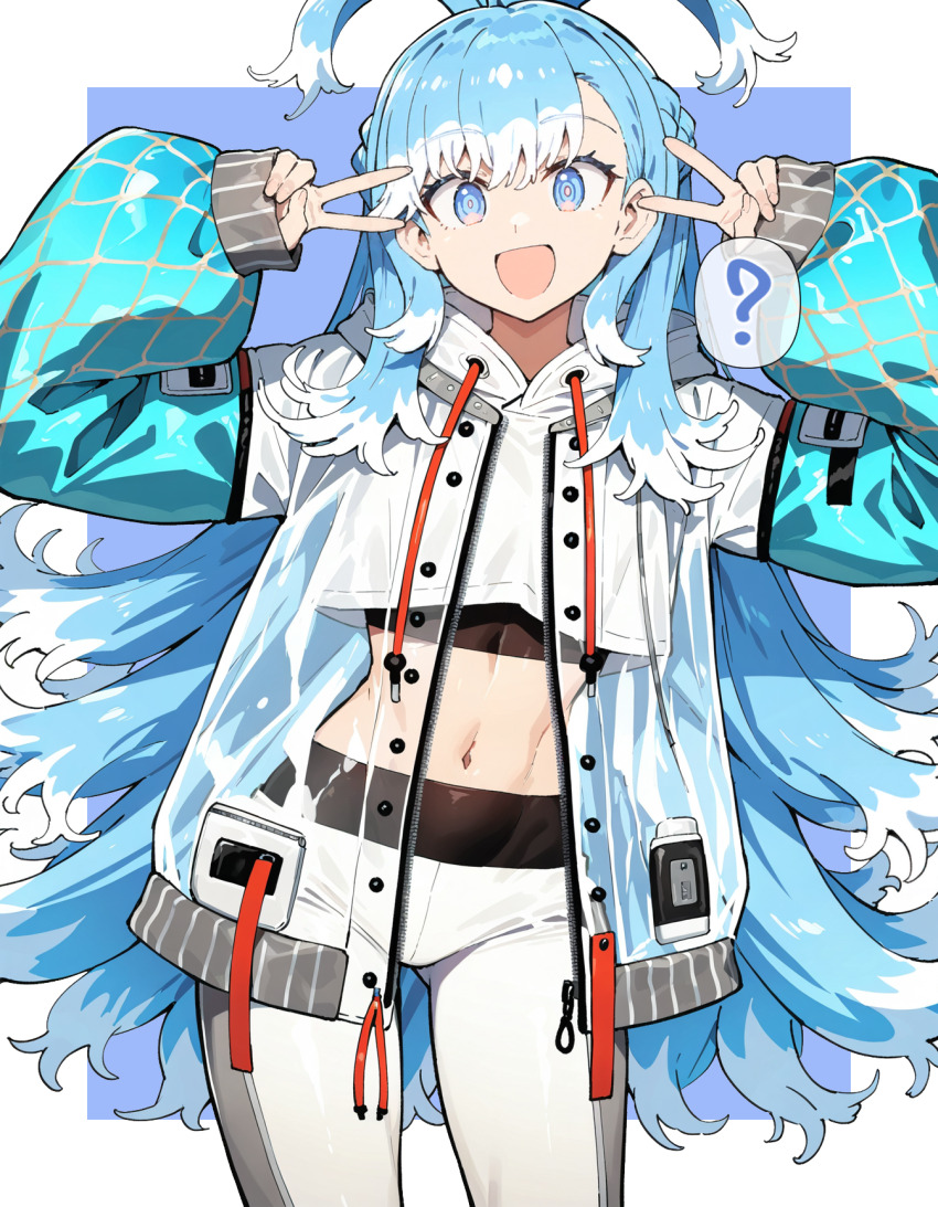 ? ai-generated blue_eyes blue_hair double_v highres hololive hololive_indonesia kobo_kanaeru midriff v v_v xeno4994