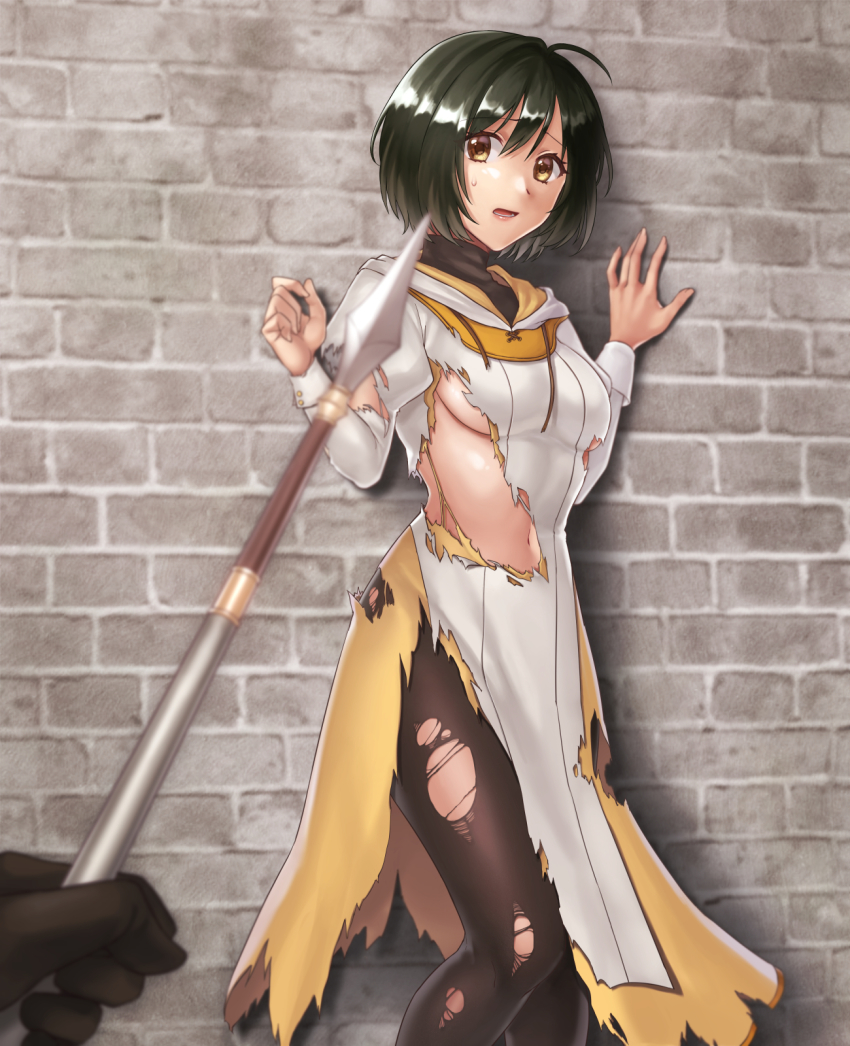 1girl against_wall black_hair black_pantyhose blurry breasts brick_wall brown_eyes commission depth_of_field dress fire_emblem fire_emblem:_radiant_dawn hazuki_(nyorosuke) highres laura_(fire_emblem) looking_at_viewer navel nintendo open_mouth pantyhose polearm scared short_hair skeb_commission small_breasts solo_focus spear sweatdrop torn_clothes torn_dress torn_legwear turtleneck underboob weapon