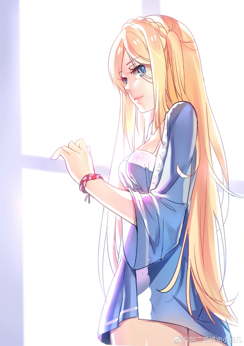 1girl absurdres aer_(tengqiu) alternate_costume blonde_hair blue_eyes bracelet braid breasts crown_braid dress highres jewelry long_hair medium_breasts one_side_up richelieu_(warship_girls_r) solo very_long_hair warship_girls_r watermark weibo_watermark window