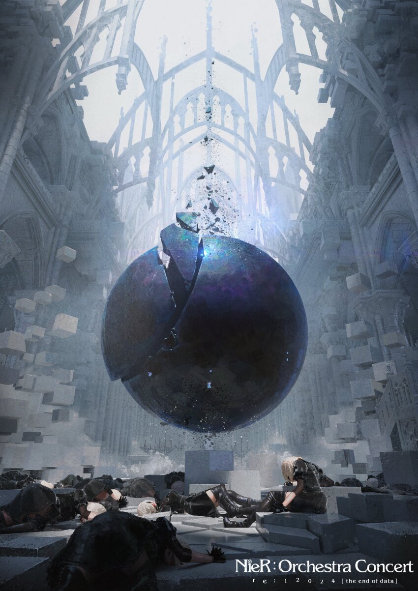 2b_(nier:automata) 6+girls absurdres black_dress blindfold clone copyright_name dress highres multiple_girls nier:automata nier_(series) official_art on_floor promotional_art ruins scenery short_hair white_hair