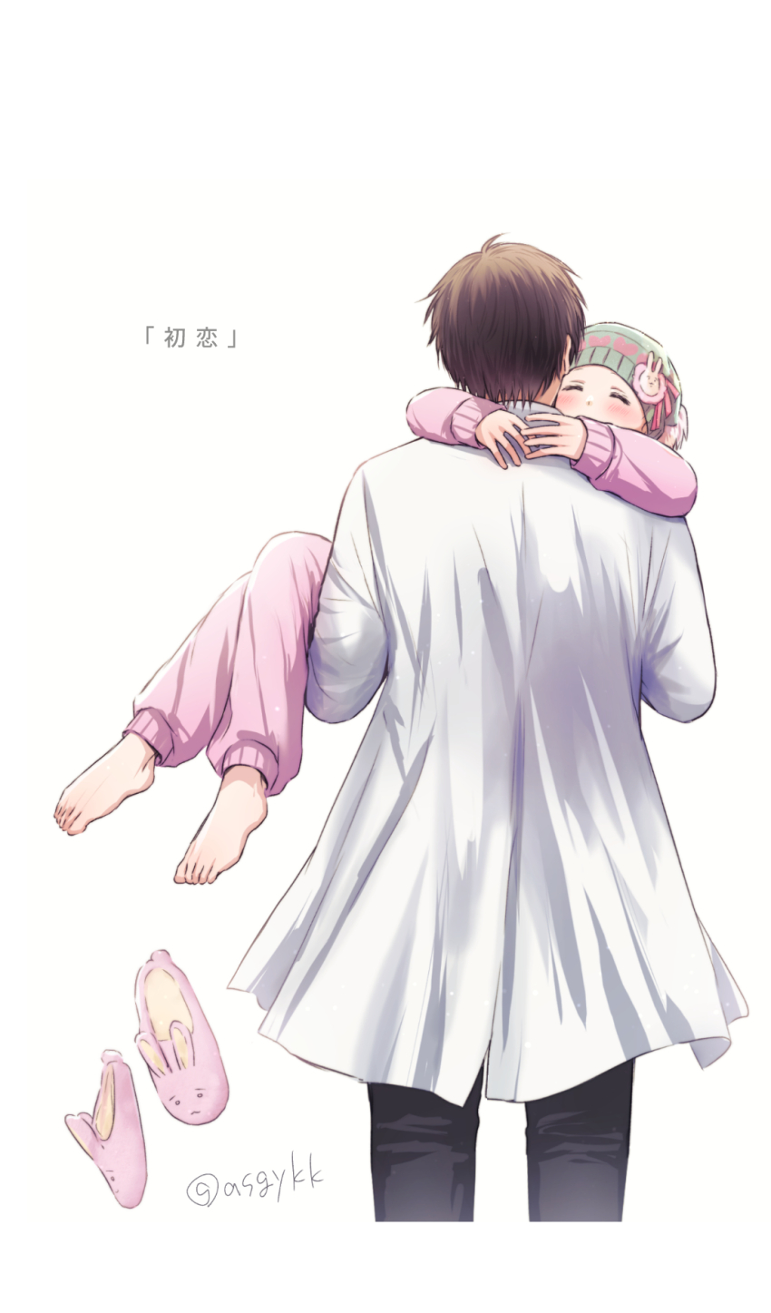 1boy 1girl ^_^ amamiya_gorou animal_slippers asgykk barefoot beanie blush carrying closed_eyes from_behind hat hetero highres hug jacket lab_coat oshi_no_ko panties pink_jacket pink_panties princess_carry simple_background slippers unworn_slippers smile tendouji_sarina toes translation_request underwear white_background