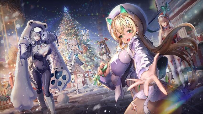 5girls alternate_costume animal_hood artist_request bear_hood black_bodysuit blonde_hair blush bodysuit boots breasts bug butterfly christmas christmas_tree deer_costume emma_(nikke) exia_(nikke) flat_chest goddess_of_victory:_nikke green_eyes grey_hair hat hood horns insect jacket large_breasts moth multiple_girls n102_(miracle_fairy)_(nikke) n102_(nikke) neve_(nikke) official_art rupee_(nikke) rupee_(winter_shopper)_(nikke) santa_hat smile socks source_request teeth upper_teeth_only v white_hair white_socks