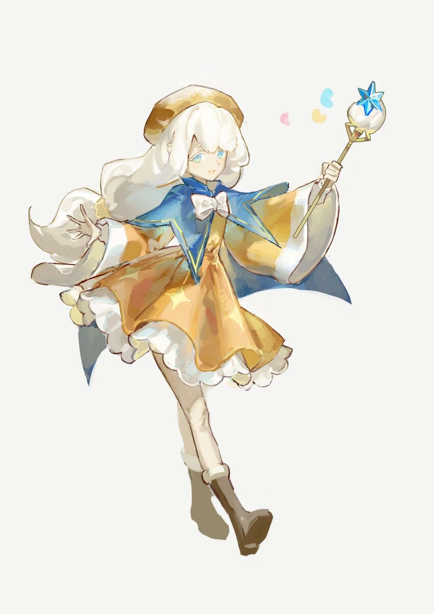 1girl boots bow bowtie cape collared_cape cookie_run cookie_run:_kingdom f4d1a6 food-themed_hat full_body fur-trimmed_boots fur_trim hat highres holding holding_wand long_hair long_sleeves looking_at_viewer low-tied_long_hair open_mouth simple_background skirt smile solo wand white_background white_bow white_bowtie white_hair