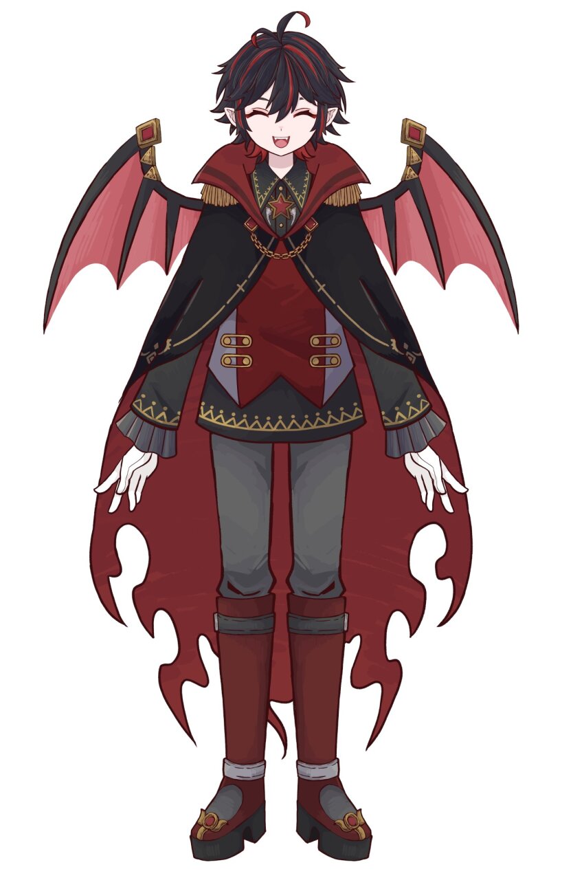 1boy bad_tag bat_wings black_hair bloomminority blue_eyes boots buckle chain cloak closed_eyes fangs full_body heterochromia highres long_sleeves open_mouth pants platform_boots pointy_ears red_eyes red_highlight seno_ruki short_hair smile solo standing teeth white_background wings