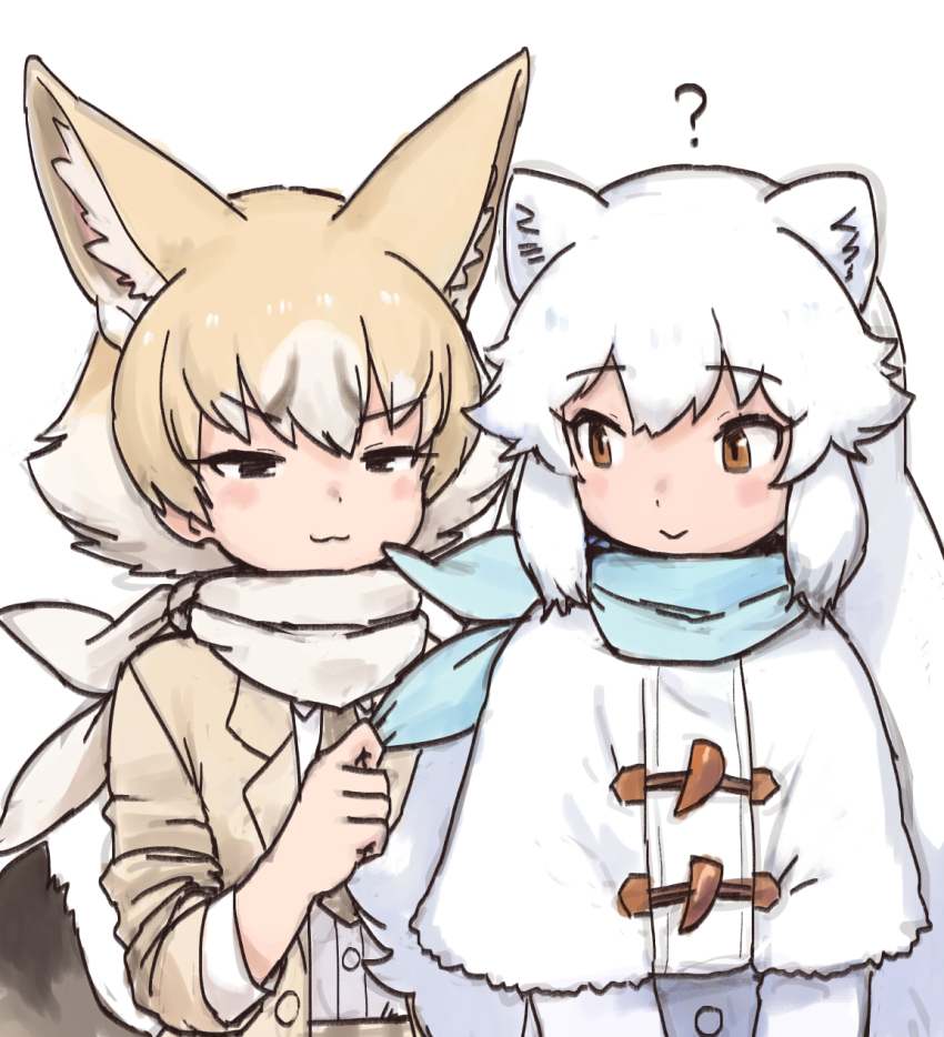 2girls :&gt; :3 ? animal_ears arctic_fox_(kemono_friends) blonde_hair blue_bow blue_bowtie blush bow bowtie brown_eyes brown_hair brown_jacket brown_necktie capelet coat fox_ears fox_girl fox_tail hair_between_eyes highres jacket kemono_friends kit_fox_(kemono_friends) light_brown_hair long_hair long_sleeves multicolored_hair multiple_girls necktie open_clothes open_jacket orange_eyes rumenia_(ao2is) scarf shirt short_hair sidelocks tail upper_body white_capelet white_coat white_hair white_scarf white_shirt winter_clothes winter_coat
