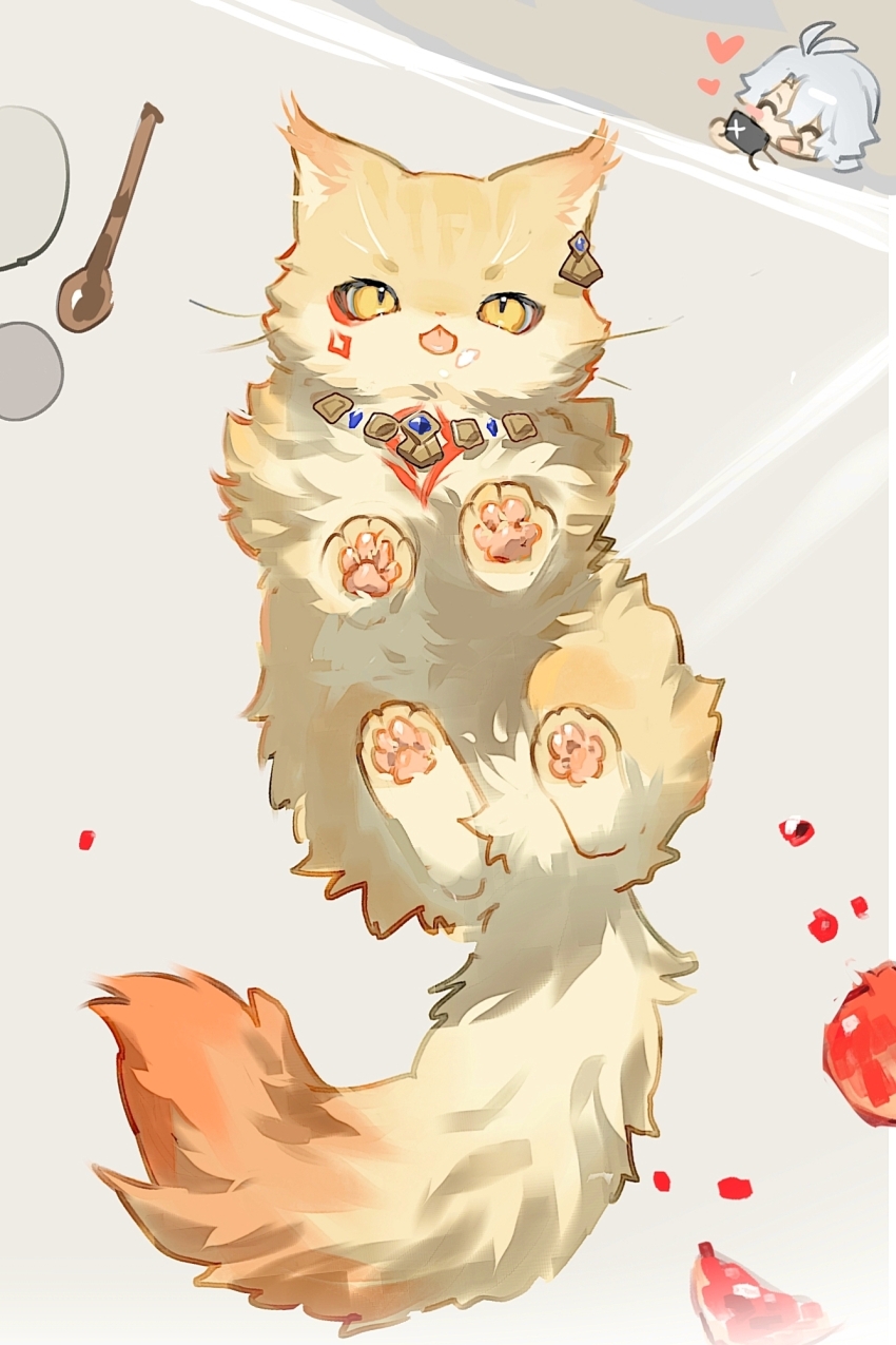 2boys animal_focus animal_hands animalization antenna_hair cat chibi closed_eyes commentary earrings gold_earrings gold_necklace highres holding holding_phone honkai:_star_rail honkai_(series) jewelry looking_at_viewer lying male_focus multiple_boys mydei_(honkai:_star_rail) necklace on_back phainon_(honkai:_star_rail) phone red_tattoo single_earring suirandanshihao white_hair