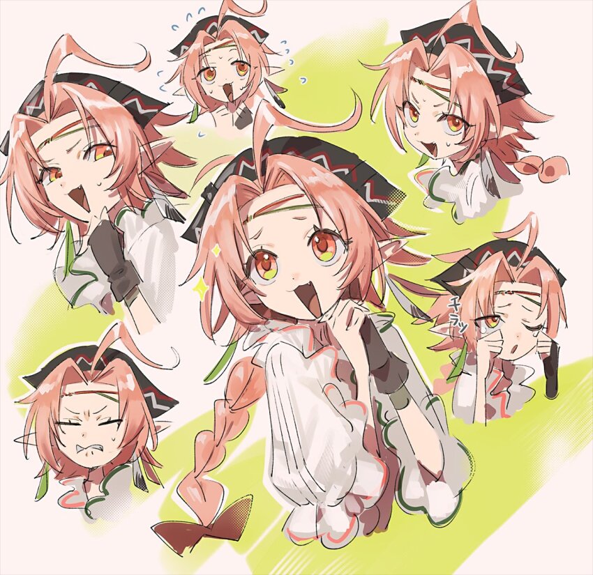 1girl :d ;o ahoge arknights black_hat braid clenched_teeth closed_eyes commentary crying fang fingerless_gloves flying_sweatdrops gloves hat long_hair looking_at_viewer migita multiple_views nervous_smile nervous_sweating one_eye_closed open_mouth own_hands_clasped own_hands_together pink_eyes pink_hair pointy_ears rose_salt_(arknights) shirt sidelocks simple_background single_fingerless_glove smile sweat sweatdrop teeth white_shirt