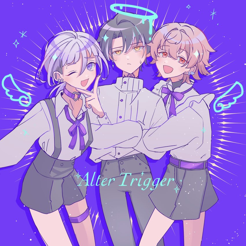3boys absurdres arm_hug black_hair choker closed_mouth drawn_wings grey_hair grey_shirt grey_shorts halo highres itsuki_(paradox_live) long_sleeves low_ponytail male_focus medium_hair melting_halo miya_(38magical) multiple_boys natsume_ryu neck_ribbon one_eye_closed open_mouth orange_eyes paradox_live pink_hair ponytail purple_background purple_eyes purple_hair purple_ribbon red_eyes ribbon rokuta_(paradox_live) shirt short_hair shorts simple_background smile white_hair