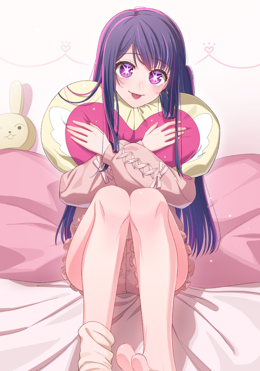 1girl :p absurdres barefoot blush commentary dress feet gloves hair_between_eyes hair_ornament heart heart-shaped_pillow highres hoshino_ai long_hair long_sleeves looking_at_viewer oshi_no_ko pajamas pillow purple_eyes purple_hair smile solo star-shaped_pupils star_(symbol) symbol-shaped_pupils tachibana_reiya toes tongue tongue_out