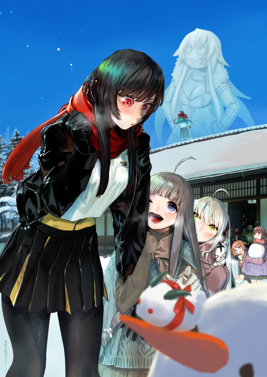 6+girls absurdres ahoge alternate_costume black_hair black_skirt black_thighhighs blue_sky building_snowman commentary_request day gokotai_yoshimitsu gotou_toushirou_(tenka_hyakken) grey_hair hand_up highres inaba_gou_(tenka_hyakken) jacket karasu_ur long_hair low_ponytail midare_toushirou_(tenka_hyakken) mole mole_under_mouth mouri_toushirou_(tenka_hyakken) multicolored_hair multiple_girls nagasone_kotetsu_(tenka_hyakken) namazuo_toushirou_(tenka_hyakken) on_roof one_eye_closed ookurikara_(tenka_hyakken) open_clothes open_jacket open_mouth orange_hair outdoors parted_lips ponytail red_eyes red_scarf sayo_samonji_(tenka_hyakken) scarf shokudaikiri_mitsutada_(tenka_hyakken) sidelocks sitting skirt sky snow snow_rabbit snowman standing tenka_hyakken thighhighs tiger tiger_cub twintails two-tone_hair white_hair winter_clothes winter_gloves yamato-no-kami_yasusada_(tenka_hyakken) yellow_eyes