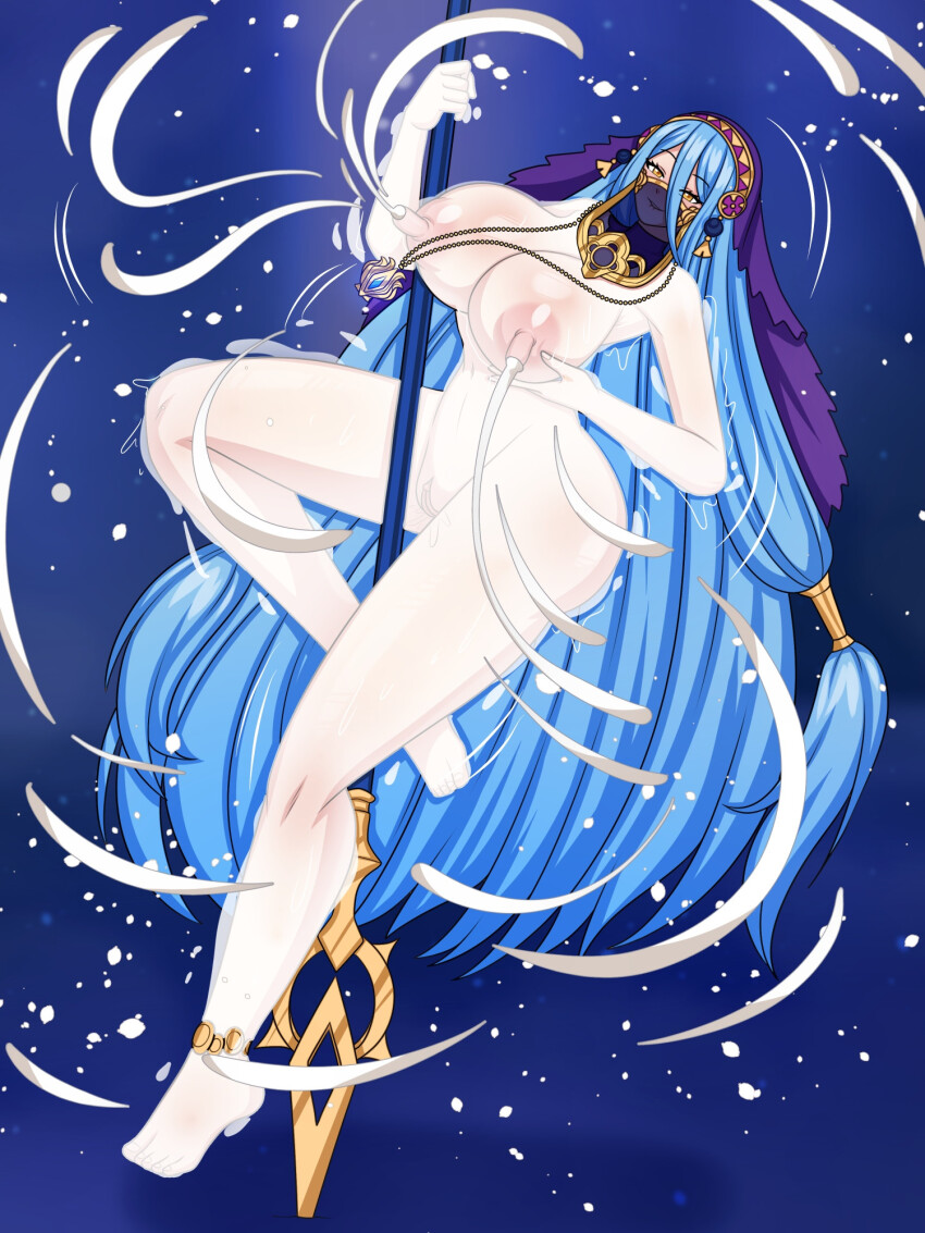 1girl azura_(fire_emblem) azura_(lady_of_ballads)_(fire_emblem) barefoot blue_hair breasts clitoris commission covered_in_milk dancer dancer_outfit dancing female_focus fire_emblem fire_emblem_fates fire_emblem_heroes highres huge_breasts jewelry lactation large_areolae large_breasts long_hair long_nipples looking_at_viewer loutani magic milk milk_stream milkbending mouth_veil nintendo nipples nude pendant perky_breasts pole pole_dancer pole_dancing princess puffy_nipples pussy pussy_juice snowflakes solo story_at_source stripper_pole tagme thick_thighs thighs veil very_long_hair wide_hips yellow_eyes
