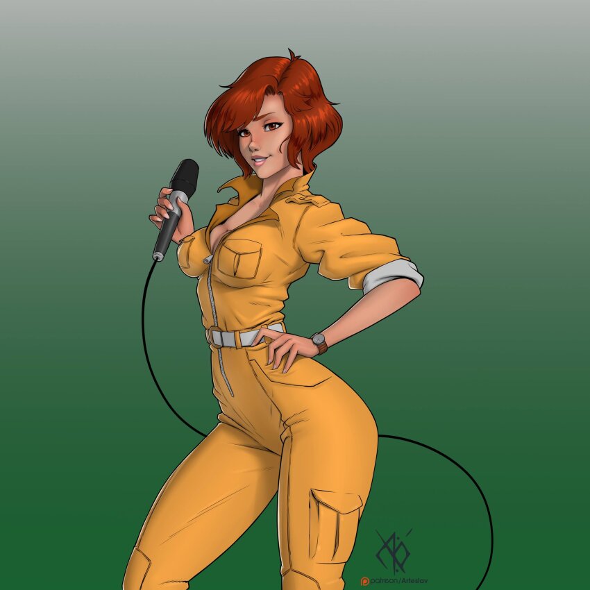 1girl april_o&#039;neil arteslav artist_name belt breast_pocket breasts brown_eyes brown_hair cleavage commentary fingernails gradient_background green_background hand_on_own_hip hand_up highres holding jumpsuit lips medium_breasts microphone parted_lips pocket short_hair signature sleeves_rolled_up smile solo teenage_mutant_ninja_turtles teenage_mutant_ninja_turtles_(1987) watch white_belt wire wristwatch yellow_jumpsuit zipper zipper_pull_tab