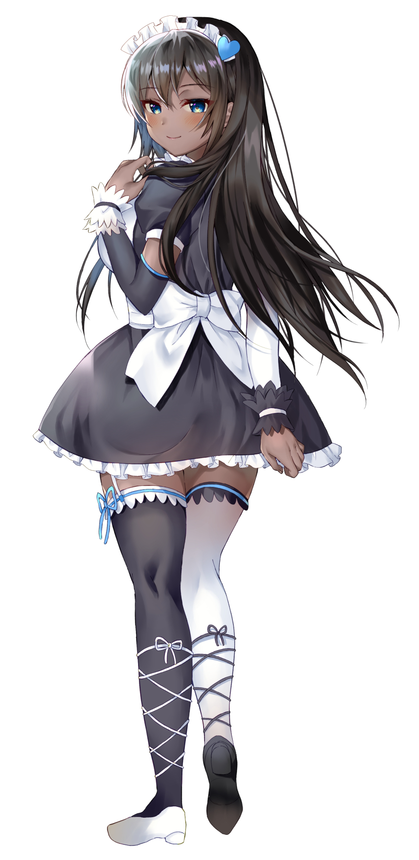 1girl 2021 absurdres asymmetrical_footwear asymmetrical_legwear asymmetrical_sleeves back_bow black_footwear black_hair black_ribbon black_shirt black_skirt black_sleeves black_thighhighs blue_eyes blush bow closed_mouth commentary_request commission dark-skinned_female dark_skin dated_commentary detached_sleeves frilled_skirt frills from_behind full_body garter_straps hair_ornament hair_over_shoulder hand_up heart heart_hair_ornament highres holding holding_own_hair indie_virtual_youtuber leg_ribbon lips long_hair looking_at_viewer looking_back maid maid_headdress mismatched_footwear mismatched_legwear mismatched_sleeves mismatched_wrist_cuffs puffy_short_sleeves puffy_sleeves ribbon ribbon-trimmed_thighhighs ribbon_trim shirt short_sleeves simple_background skeb_commission skirt smile solo standing straight_hair thighhighs trinity_infinity tsurime white_background white_bow white_footwear white_ribbon white_thighhighs yam_(yamap_mako) zettai_ryouiki
