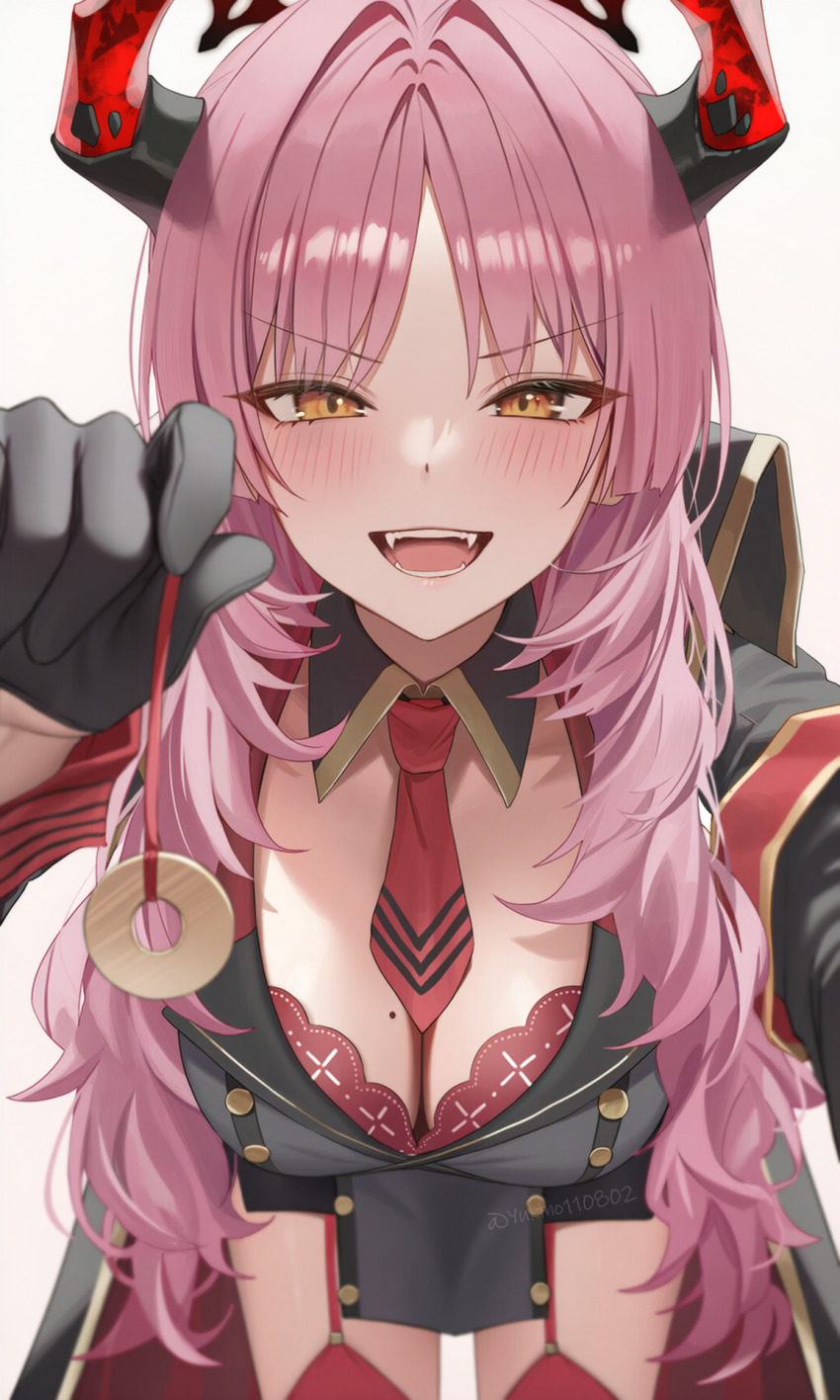 1girl armband bent_over black_collar black_dress black_gloves black_horns blue_archive blush bra breasts coin coin_on_string collar commentary detached_collar dress fangs gloves halo highres holding holding_pendulum holed_coin horns hypnotizing_viewer large_breasts long_hair looking_at_viewer mole mole_on_breast multicolored_horns necktie open_mouth parted_bangs pendulum pink_hair red_armband red_bra red_garter_straps red_halo red_horns red_necktie red_thighhighs red_wrist_cuffs satsuki_(blue_archive) simple_background smile solo teeth thighhighs thighs two-tone_horns underwear white_background wrist_cuffs yellow_eyes yukino110802