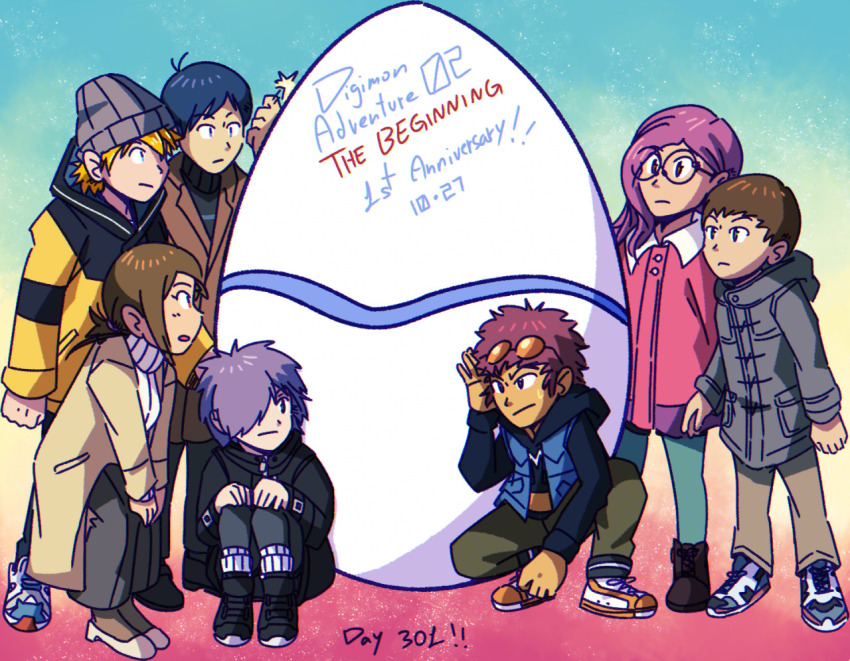 2girls 5boys digimon digimon_adventure_02 digimon_adventure_02:_the_beginning egg glasses hida_iori ichijouji_ken inoue_miyako motomiya_daisuke multiple_boys multiple_girls owada_rui takaishi_takeru yagami_hikari