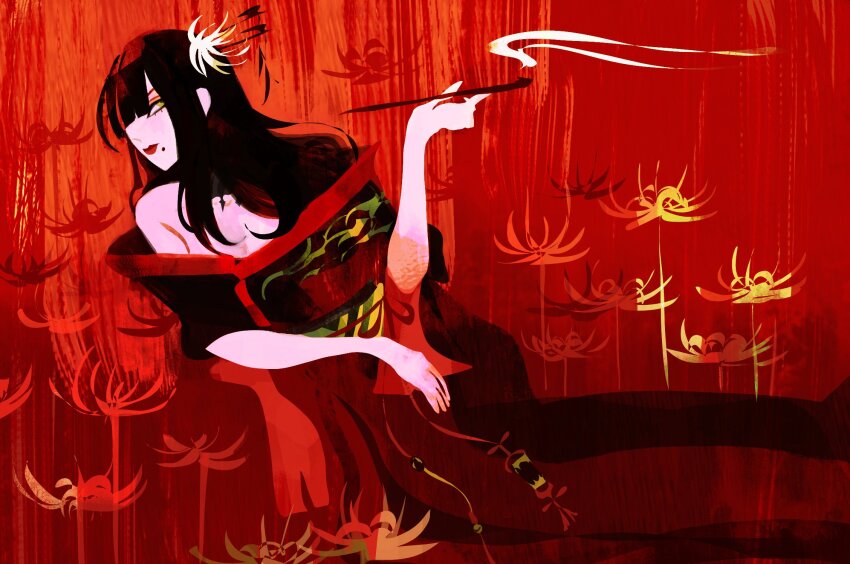 1girl bare_shoulders black_collar black_hair black_kimono blunt_bangs breasts cleavage collar commentary feet_out_of_frame final_fantasy final_fantasy_xiv flower from_side green_eyes hair_flower hair_ornament hair_over_one_eye hair_stick hand_up highres holding holding_smoking_pipe hyur inrou japanese_clothes kimono kiseru laura_mei long_hair looking_at_viewer medium_breasts mole mole_under_mouth obijime off_shoulder one_eye_covered red_background red_flower red_lips red_trim sitting smoke smoking_pipe solo spider_lily yokozuwari yotsuyu_goe_brutus