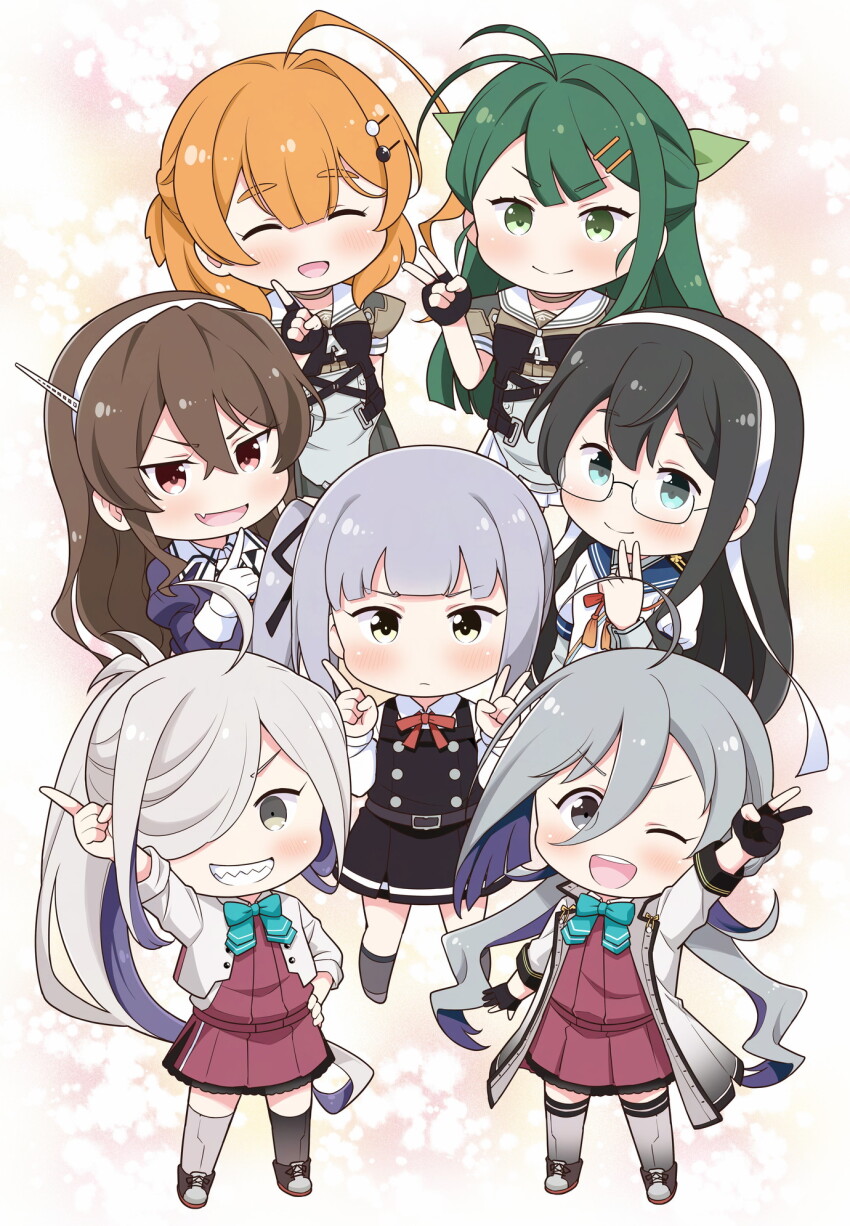 ahoge anniversary asashimo_(kancolle) asashimo_kai_ni_(kancolle) ashigara_(kancolle) ashigara_kai_ni_(kancolle) black_hair blunt_bangs brown_hair chibi closed_eyes commentary_request copyright_name dress glasses green_hair grey_hair greyscale grin highres index_finger_raised kantai_collection kasumi_(kancolle) kasumi_kai_ni_(kancolle) kaya_(kancolle) kiyoshimo_(kancolle) kiyoshimo_kai_ni_(kancolle) long_hair looking_at_viewer monochrome ooyodo_(kancolle) ooyodo_kai_(kancolle) orange_hair pinafore_dress pleated_dress school_uniform serafuku sharp_teeth short_hair sleeveless sleeveless_dress smile standing sugi_(kancolle) teeth tenshin_amaguri_(inobeeto) v
