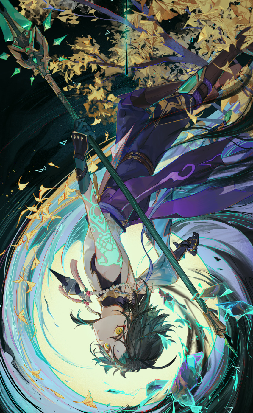 1boy absurdres ahoge aqua_hair arm_tattoo armor baggy_pants belt black_gloves black_hair black_sky blue_belt blue_gloves blue_pants boots branch brown_boots commentary_request crystal detached_sleeves diamond-shaped_pupils diamond_(shape) eyeshadow facial_mark forehead_mark full_moon genshin_impact ginkgo_leaf gloves gold_trim hair_between_eyes highres holding holding_polearm holding_weapon jewelry leaf looking_at_viewer makeup male_focus mandarin_collar moon multicolored_hair necklace night night_sky outdoors pants pearl_necklace polearm primordial_jade_winged-spear_(genshin_impact) red_eyeshadow shirt short_hair shoulder_armor single_bare_shoulder single_detached_sleeve sky sleeveless sleeveless_shirt solo spear standing symbol-shaped_pupils tassel tattoo teeth tree two-tone_gloves two-tone_hair upside-down weapon white_shirt wide_sleeves xiao_(genshin_impact) yellow_eyes yellow_moon zaso