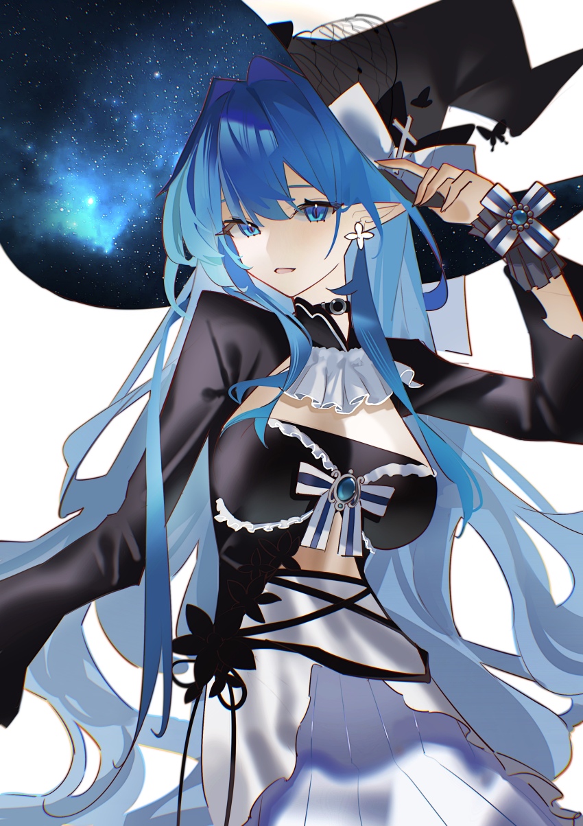 1girl absurdres black_butterfly black_choker black_collar black_dress black_hat blue_bow blue_eyes blue_hair blue_skirt bow bug butterfly chinese_commentary choker collar commentary_request cross dress e-razor earrings frilled_bracelet frilled_collar frilled_dress frills hair_between_eyes hat highres insect jewelry large_hat long_hair long_sleeves looking_at_viewer multicolored_dress open_mouth original pointy_ears simple_background skirt solo star_(sky) upper_body very_long_hair white_background white_bow white_dress witch witch_hat