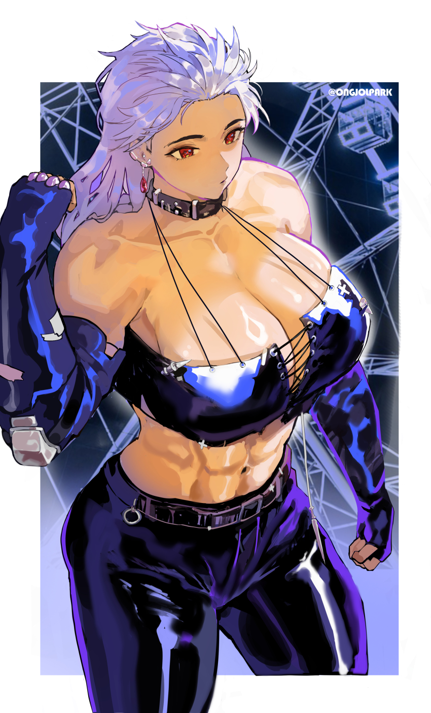 1girl abs absurdres adapted_costume bare_shoulders belt belt_buckle belt_collar black_pants border breasts buckle choker collar collarbone commentary dorohedoro ear_piercing earclip earrings elbow_gloves english_commentary ferris_wheel fingerless_gloves gloves highres jewelry large_breasts long_hair multiple_piercings muscular muscular_female navel noi_(dorohedoro) outside_border pants park_ongjol piercing red_eyes shiny_clothes solo twitter_username white_border white_hair