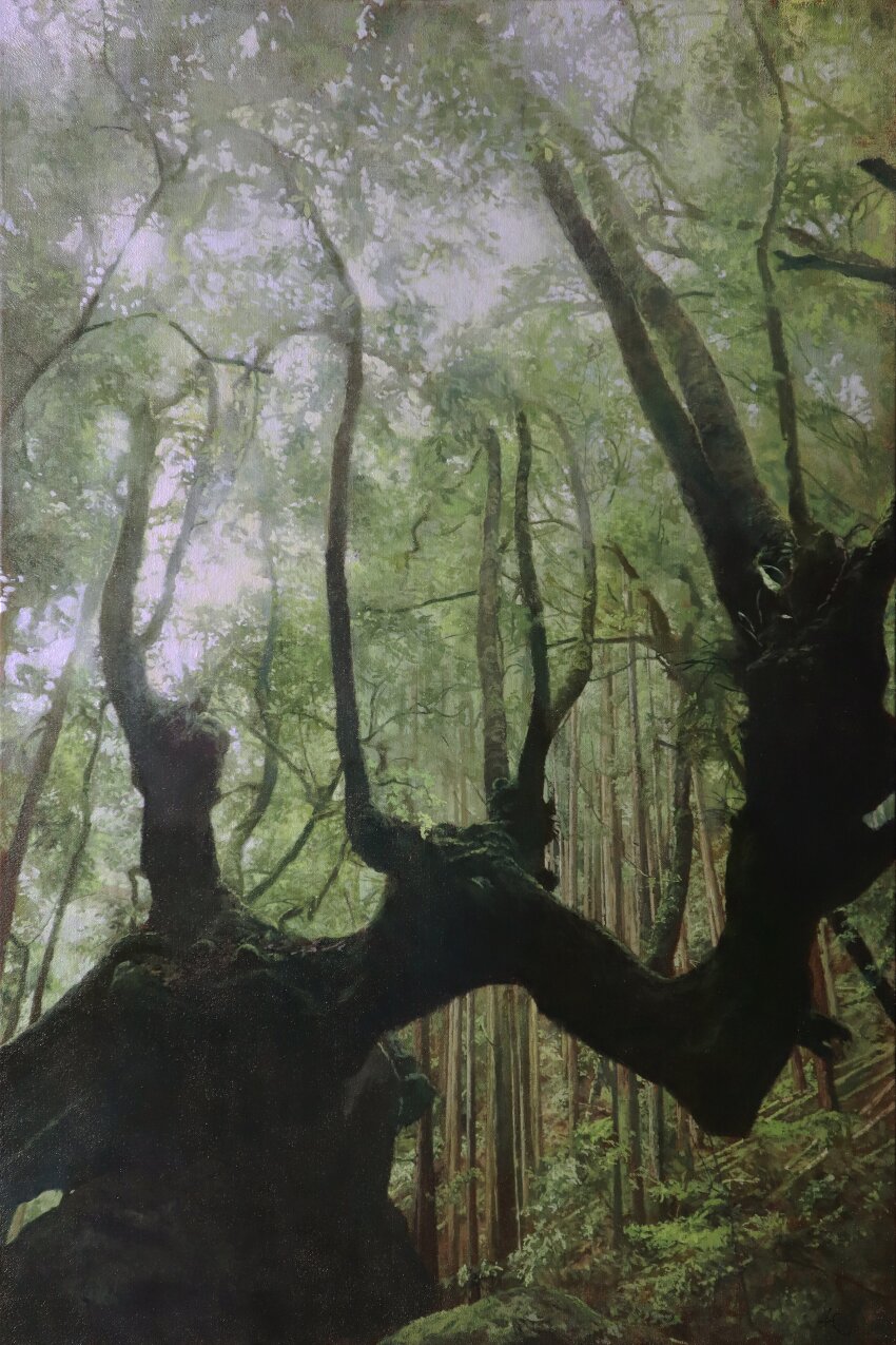 absurdres bush day forest from_below grass highres leaf naohiro_ito nature no_humans original painting_(medium) plant plant_focus scenery sky traditional_media tree white_sky