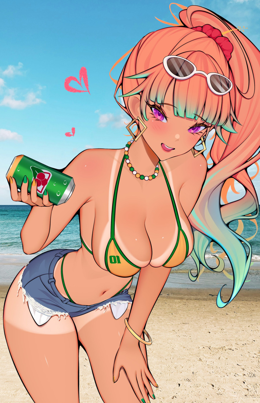1girl ark_evil02 beach bikini bikini_top_only brazilian_miku_(cosplay) cosplay highres swimsuit takanashi_kiara tan tanline