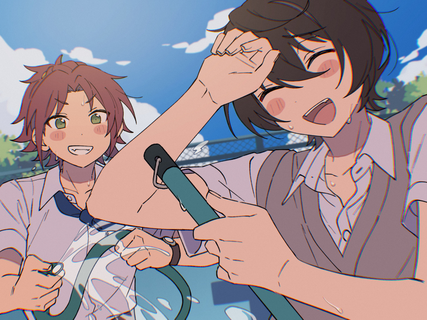 2boys :d ^_^ arm_up behind_another bishounen black_hair blue_necktie blue_sky blush chain-link_fence chromatic_aberration closed_eyes cloud collared_shirt curtained_hair day dot_nose ensemble_stars! facing_ahead fang fence friends green_eyes grey_sweater_vest grin hair_between_eyes hand_up hands_up happy highres holding holding_hose hose isara_mao looking_at_another male_focus middle_part multiple_boys necktie niyororinpayamaru no_jacket open_mouth outdoors red_hair sakuma_ritsu school_uniform shading_eyes shirt short_hair short_sleeves sky smile spraying summer summer_uniform sweater_vest teeth upper_teeth_only water_drop wet wing_collar yumenosaki_school_uniform
