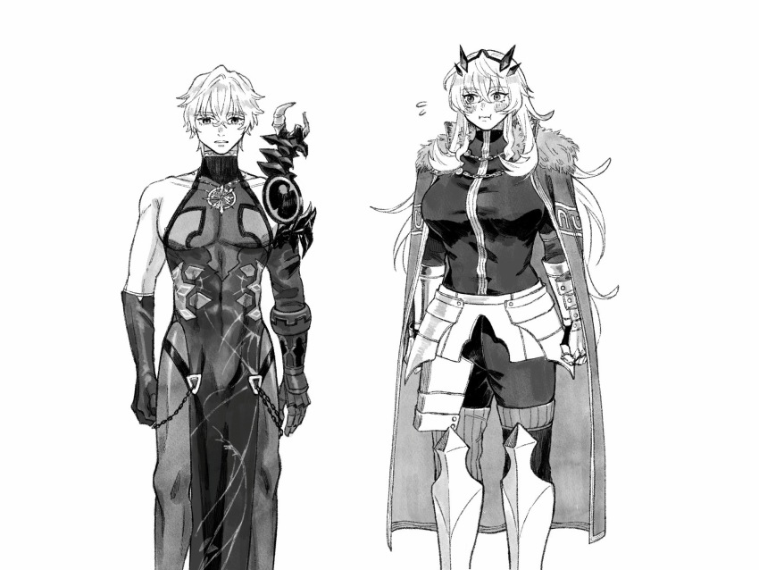 1boy 1girl barghest_(fate) barghest_(fate)_(cosplay) breasts cape cheeeeese0619 commentary_request cosplay costume_switch covered_abs covered_pectorals crossdressing detached_sleeves fate/grand_order fate_(series) flying_sweatdrops fur-trimmed_cape fur_trim gauntlets gawain_(fate) gawain_(fate)_(cosplay) greyscale highres large_breasts monochrome muscular muscular_male pants pantyhose pectorals pelvic_curtain single_detached_sleeve tiara